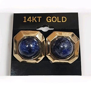 Vintage 14k Yellow Gold Octagon Shaped Blue Lapis Lazuli Earrings 7.56g - Picture 1 of 4