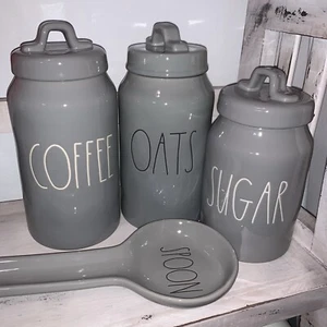 Juego de latas de café AVENA Y AZÚCAR Rae Dunn + soporte para cuchara muy buen estado gris artesanal NUEVO - Imagen 1 de 4
