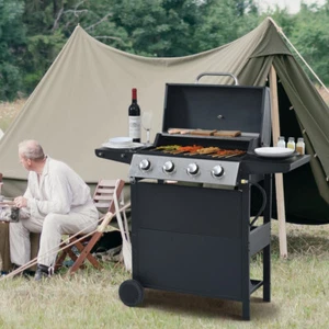 4 Burner Black Propane Grill Stainless Steel 34,000 BTU Patio w/2 Shelves, Lid - Picture 1 of 12
