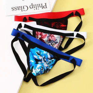 Men's Cotton Sexy Thong Low-rise Printed Double Thongs Youth T Back Underwear - Picture 1 of 17