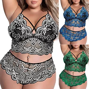 Plus Size Sexy Lingerie V Neck High Waist Floral Lace Criss Cross Bra And Panty - Picture 1 of 25