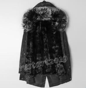 Men's Parka Coat Fur Collar Hooded Overcoat Real Mink Fur Lined Outwear CHIC NEW