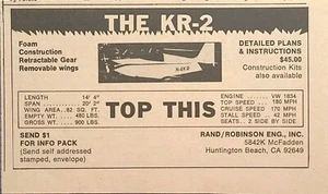 KR-2 Flugzeug Pläne Bausätze Huntington Beach CA Rand Robinson Vintage Print Ad 1976 - Bild 1 von 4