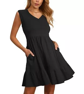 2024 Summer V Neck Sleeveless A Line Tiered Flowy Casual Mini Beach Dress wit... - Picture 1 of 4