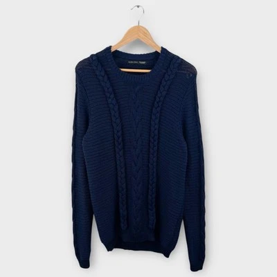 Zara Man Men’s Cable Knit Sweater Navy Blue Pullover Stretch Fit Size Large - Image 1 of 4