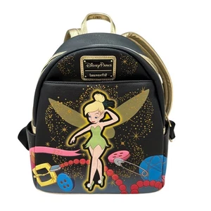 Disney Parks Loungefly Tinkerbell Mini Rucksack schwarz/gold Kunstleder mit Gli - Bild 1 von 6