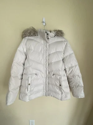 Down Jacket XL Larry Levine Ivory Detachable Hood Quilted Puffer Faux Fur Trim - Image 1 of 4