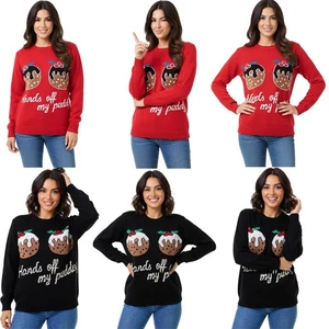 Damen Hands Off My Pudding Weihnachtspullover Langarm lustig hässlich Weihnachtspullover - Bild 1 von 13