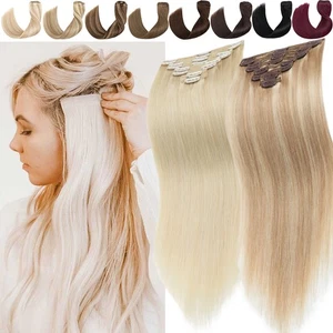 CLEARANCE Double Wefted Clip In Human Hair Extensions Full Head Thick Highlight - Picture 1 of 55