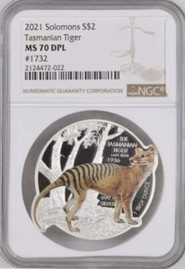 2021 Tasmanian Tiger Solomon Islands .999 1oz Silbermünze MS70 - Bild 1 von 2