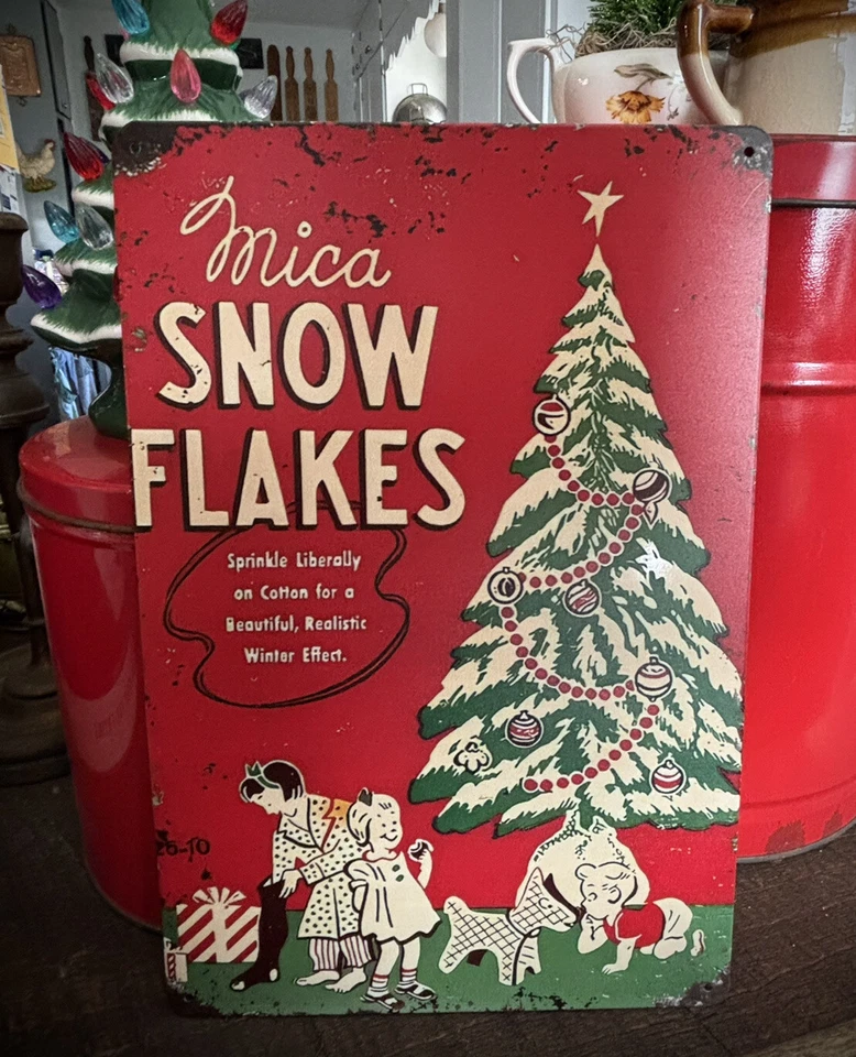 "Caja de copos de nieve de mica vintage estilo retro publicidad letrero de metal 12""X8"" Navidad" Foto 1 de 4