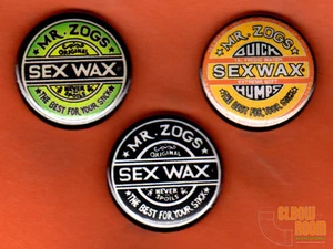 Set of three 1" Mr. Zogs Sex Wax pins buttons surfer  surfboard  - Picture 1 of 2