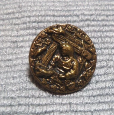 Vintage Antique Metal Picture Button LADY FEEDING THE BIRDS - Image 1 of 4