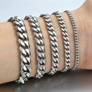 Silver Stainless Steel Curb Cuban Link Chain Bracelet Unisex Women Men 8in - Picture 1 of 24