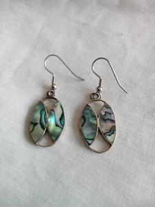 Vintage Signed Sterling Silver Abalone Oval Dangle Drop Earrings Mexico - Picture 1 of 9