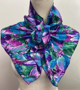 Vintage Mademoiselle Purple Blue Green Floral Scarf Neck Tie Head Wrap Interlock - Picture 1 of 9