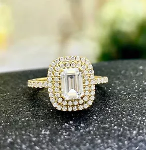 Doppel Halo Smaragdschliff Moissanit Hochzeit Verlobung 14k Massiv Gelbgold Gift - Bild 1 von 7