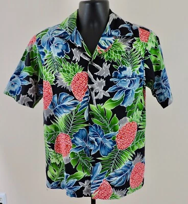 HILO HATTIE мужской размер средний черный многоцветный ананас гавайский S/S кнопка рубашка - Изображение 1 из 4