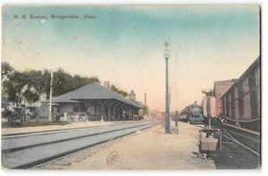 Railroad Station, Bridgewater, Massachusetts Depot 1907 Hand-Colored Postcard - Picture 1 of 2