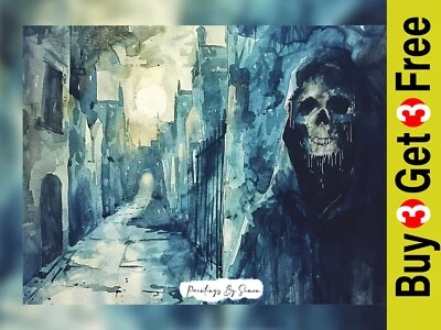 Impresión de pintura en acuarela Siniester Gothic Haunt 5"x7" sobre papel mate Foto 1 de 4