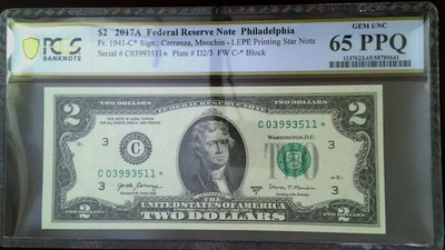 2017 A $2 Star Note  Philadelph GEM UNC 65 PPQ C03993511* - Image 1 of 2