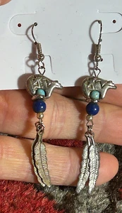Pendientes de plumas de oso espíritu esterlina 925 navajo vintage hechos a mano - Imagen 1 de 5
