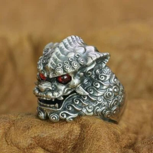 Red Eyes 925 Sterling Silver Chinese Style Lion Ring TA268A US 7~15 BZ - Picture 1 of 29