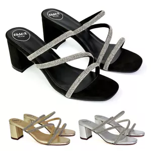Womens Low Heel Sandals Ladies Diamante Party Slip On Heeled Mule Shoes Size 3-8 - Picture 1 of 22