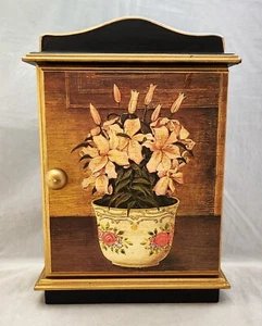 Wooden Freestanding or Wall Mount 6-Hook Floral Front Gold Trim 12" KEY CABINET - Picture 1 of 6