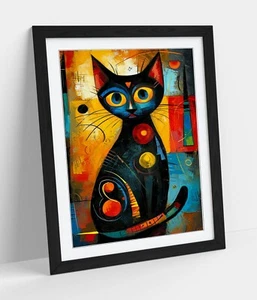 Impresión de cartel arte de pared enmarcado decoración del hogar contemporáneo abstracto gato negro 4 tamaños - Imagen 1 de 10