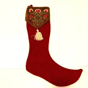 Zapato de Elfo Vintage Medias de Navidad Bordadas Floral Top Rojo Marrón Cañón 22" - Imagen 1 de 9
