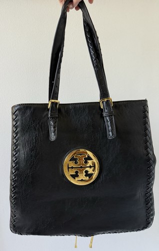 Borsa grande vintage Tory Burch in pelle nera espandibile