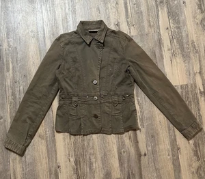 Giacca DKNY Denim Verde Esercito Donna Piccola Stile Moto Preppy Business Casual - Foto 1 di 6