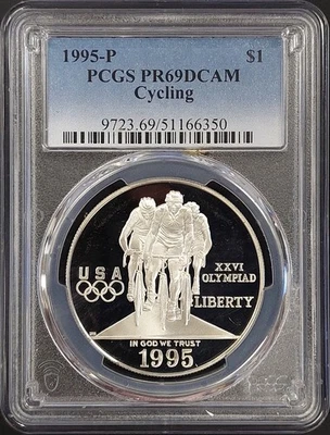 1995 P Proof Olympics Cycling Commemorative Silver Dollar, PR 69 DCAM by PCGS! - Image 1 of 4