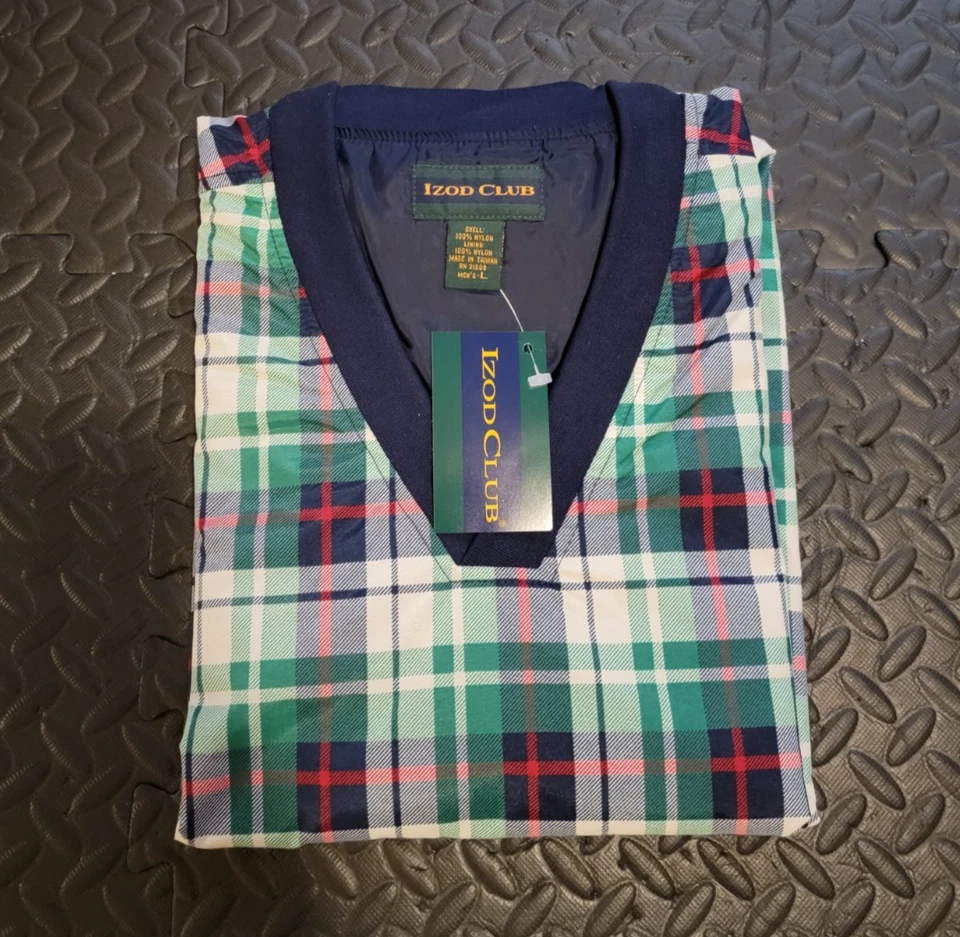 Cortavientos vintage de nailon para hombre de Izod, a cuadros, suéter cuello en V, forrado, nuevo de lote, L Foto 1 de 4
