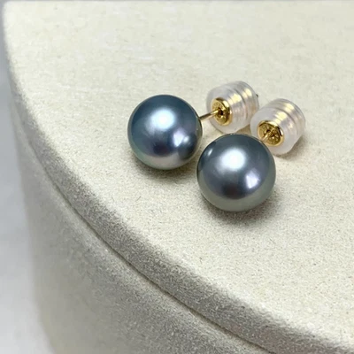Orecchini tondi in argento-blu/grigio con perle di Tahiti da 8,8 mm in oro gi... - Immagine 1 di 4