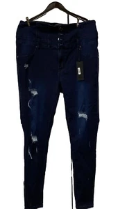 City Chic Asha Womens 16s Skinny Jeans Dark Blue Stretch Ripped Corset Waist - Picture 1 of 16