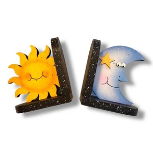 Handmade Yellow Blue Black Sun and Moon Wooden Bookends Custom Made - Picture 1 of 4