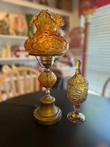 Vintage Fenton  Amber Poppy Crimped Top Lamp W/Matching Candy/Compote Dish - Picture 1 of 21