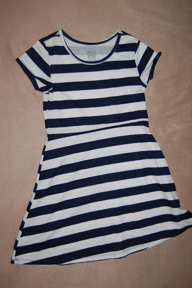 Girls Knit Dress NAVY BLUE WHITE STRIPE Cap Sleeve Flared Bottom S 6-6X - Image 1 of 1