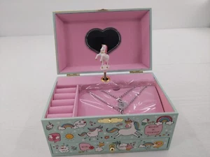 Einhorn tanzend Musik Schmuckkästchen mit Halskette & Armband türkis eine ausziehbare Zeichnung  - Bild 1 von 12