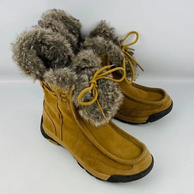 Womens 7B Land's End Winter Ankle Boots Tan Suede Leather Faux Fur Moc Toe - Image 1 of 4