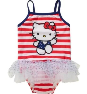 NEW NWT Choose Girls Size HELLO KITTY Tutu Striped 1 Pc Lined UPF 50+ Swimsuit - Picture 1 of 3