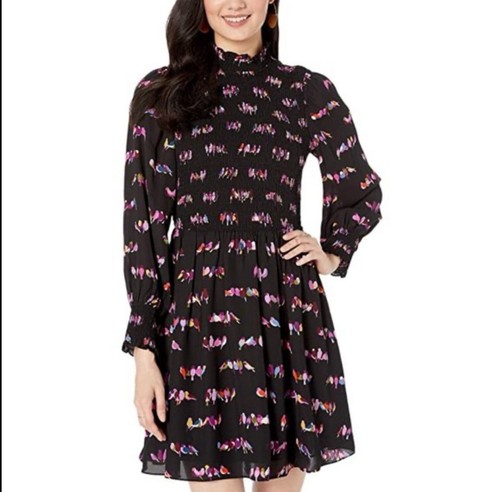 Abito Kate Spade 4 Love Birds nero stampa maniche lunghe fumè OTTIMO!