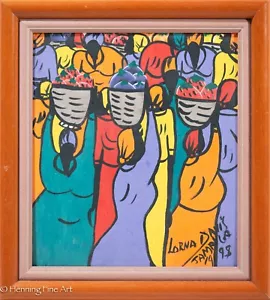 Beautiful Jamaican Caribbean Oil Painting Colorful Market Scene by Lorna Davis - Picture 1 of 7