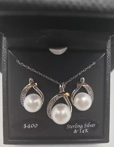 Bridge Cultured Fresh Water Pearl Sterling Silver & 14K Necklace/Earring Set - Picture 1 of 6
