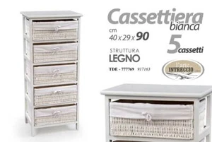 CASSETTIERA LEGNO SLIM SALVASPAZIO 5 CASSETTI BIANCO VIMINI RIVESTITI 90*40*29cm - Foto 1 di 3