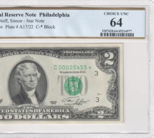 1976 $2 Dollar Philadelphia Rare 4 Digit Star Serial Number 00005455* PCGS 64 - Picture 1 of 3