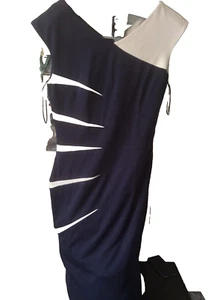 Gina Bacconi Dress Women Size12 Navy Blue/ White Bodycon Long Lined Party Formal - Picture 1 of 23