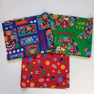 Lot of 3 Vintage Cranston Red Blue Green Sports Teddy Bears Cotton Fat Quarters - Picture 1 of 14